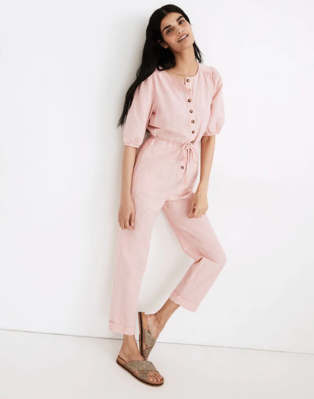 NEW Madewell Linen Blend Puff Sleeve Tassel Tie Jumpsuit Relaxed Fit Pink XXS